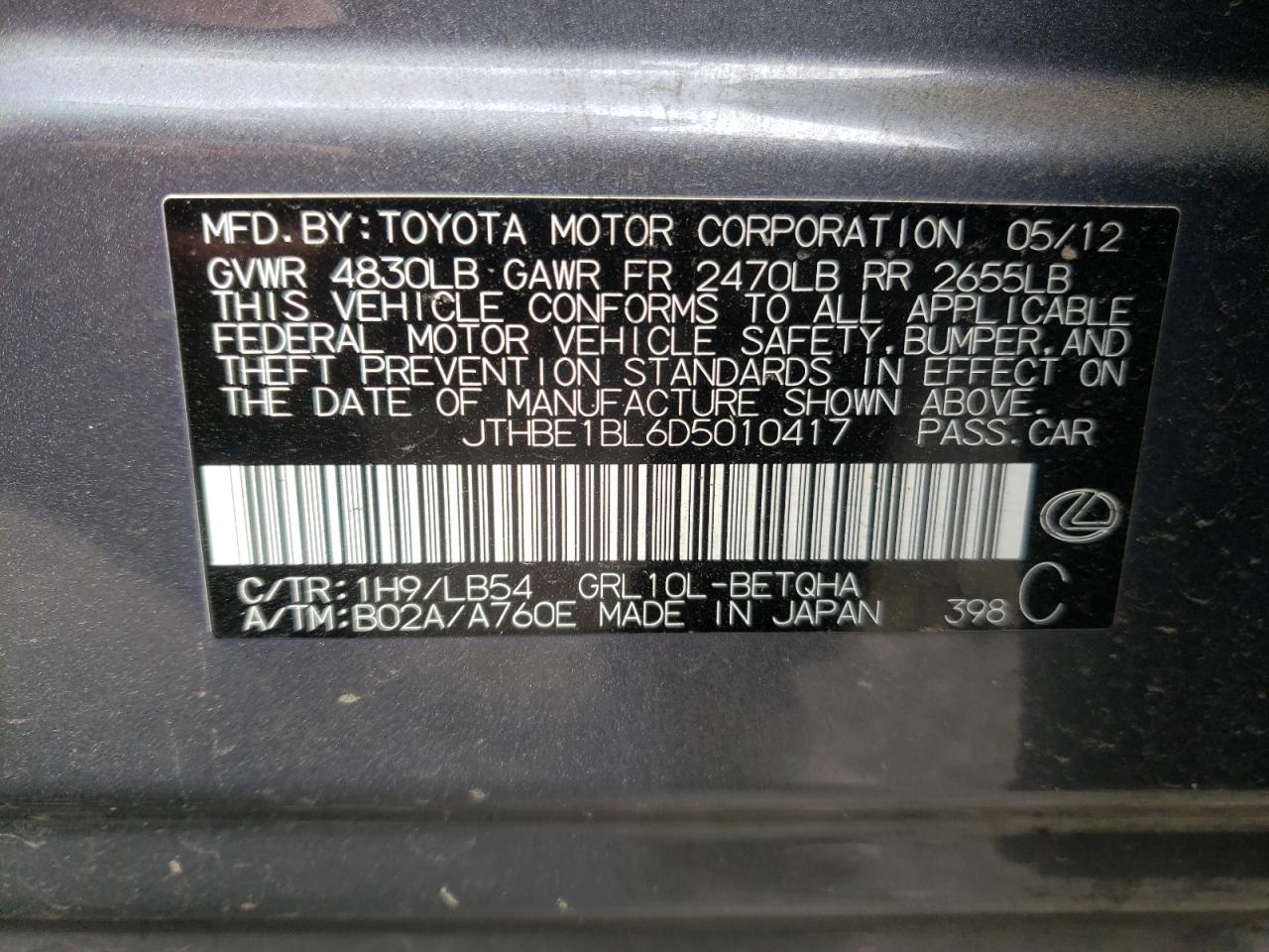 Photo 10 from auction – 2013 LEXUS GS 350 with VIN JTHBE1BL6D5010417