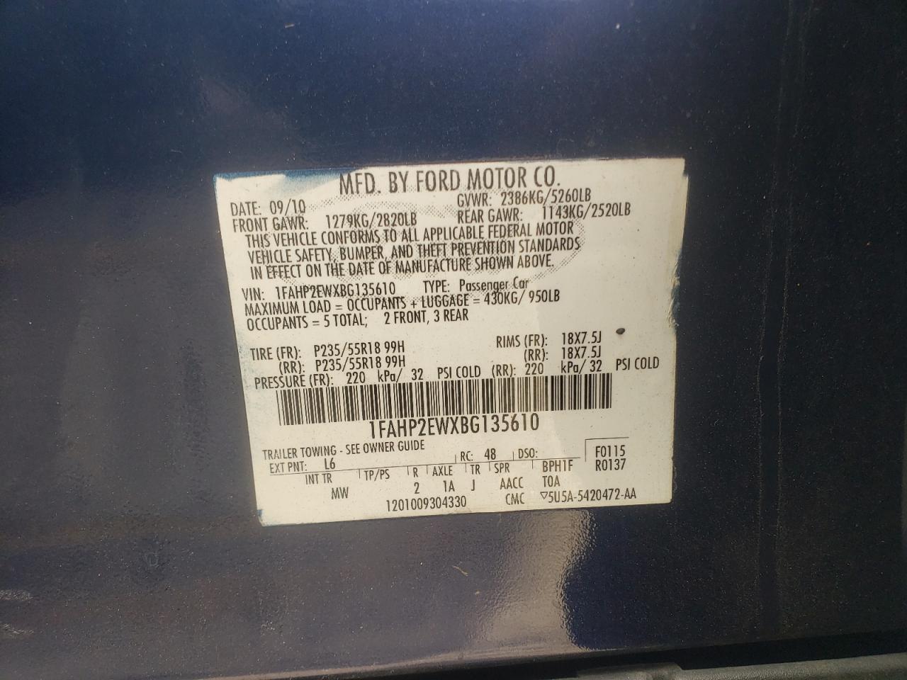 Photo 10 from auction – 2011 FORD TAURUS SEL with VIN 1FAHP2EWXBG135610