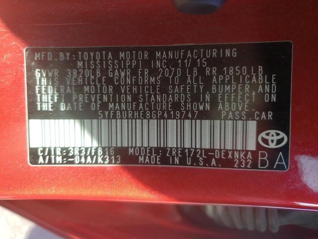 TOYOTA COROLLA L 2016 with VIN 5YFBURHE8GP419747 - Photo from auction