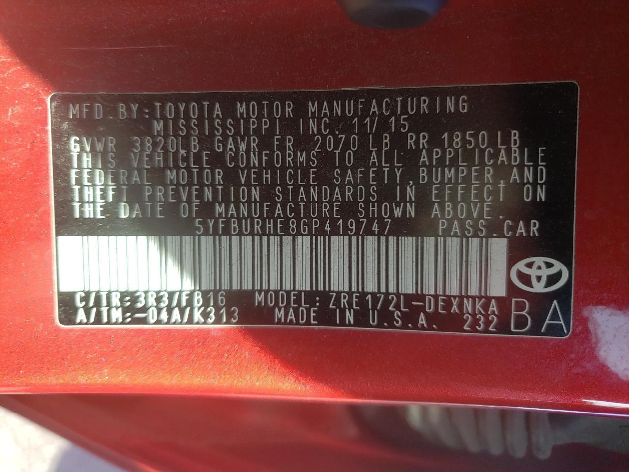 Photo 11 from auction – 2016 TOYOTA COROLLA L with VIN 5YFBURHE8GP419747