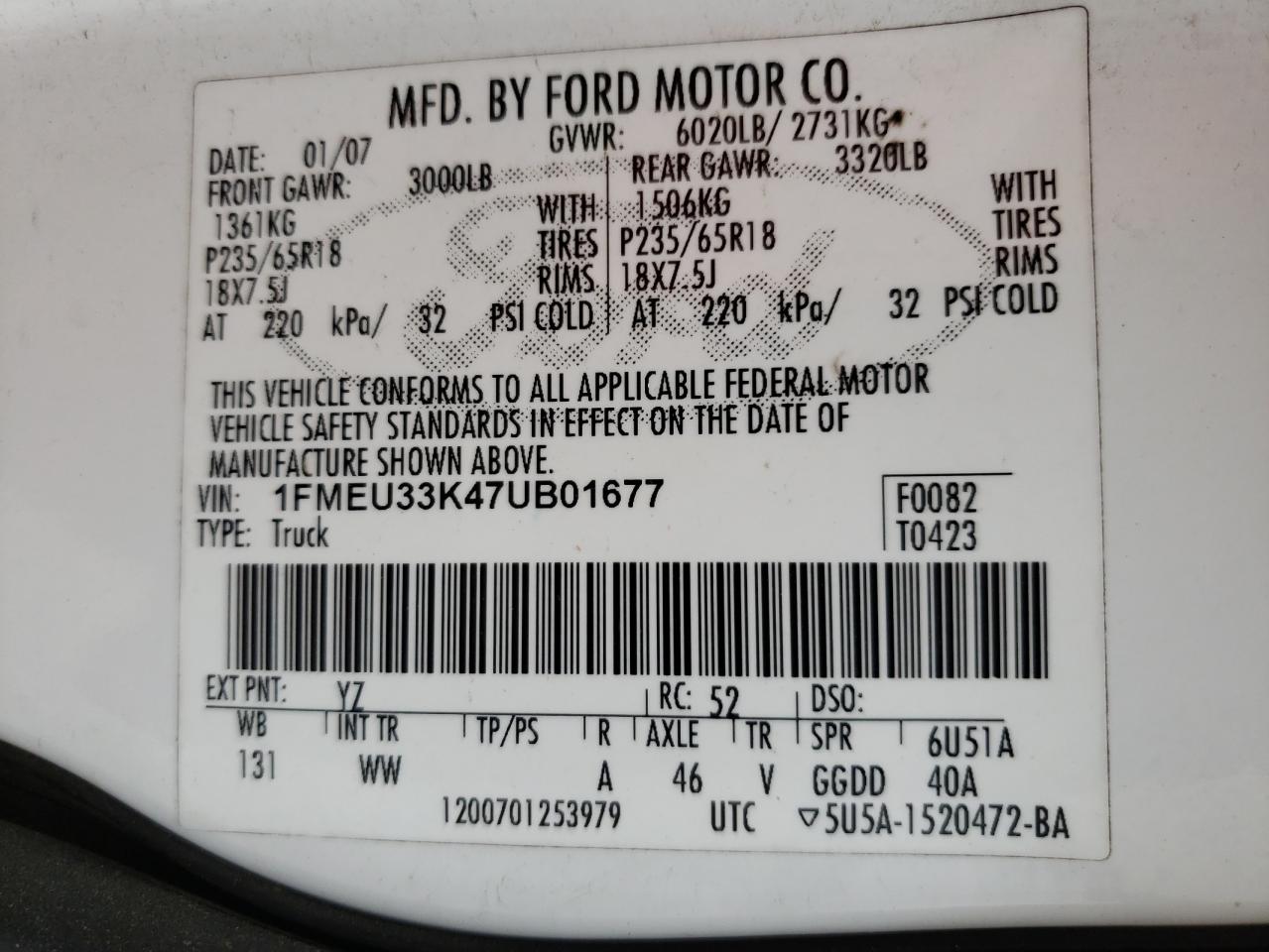 Photo 10 from auction – 2007 FORD EXPLORER S with VIN 1FMEU33K47UB01677