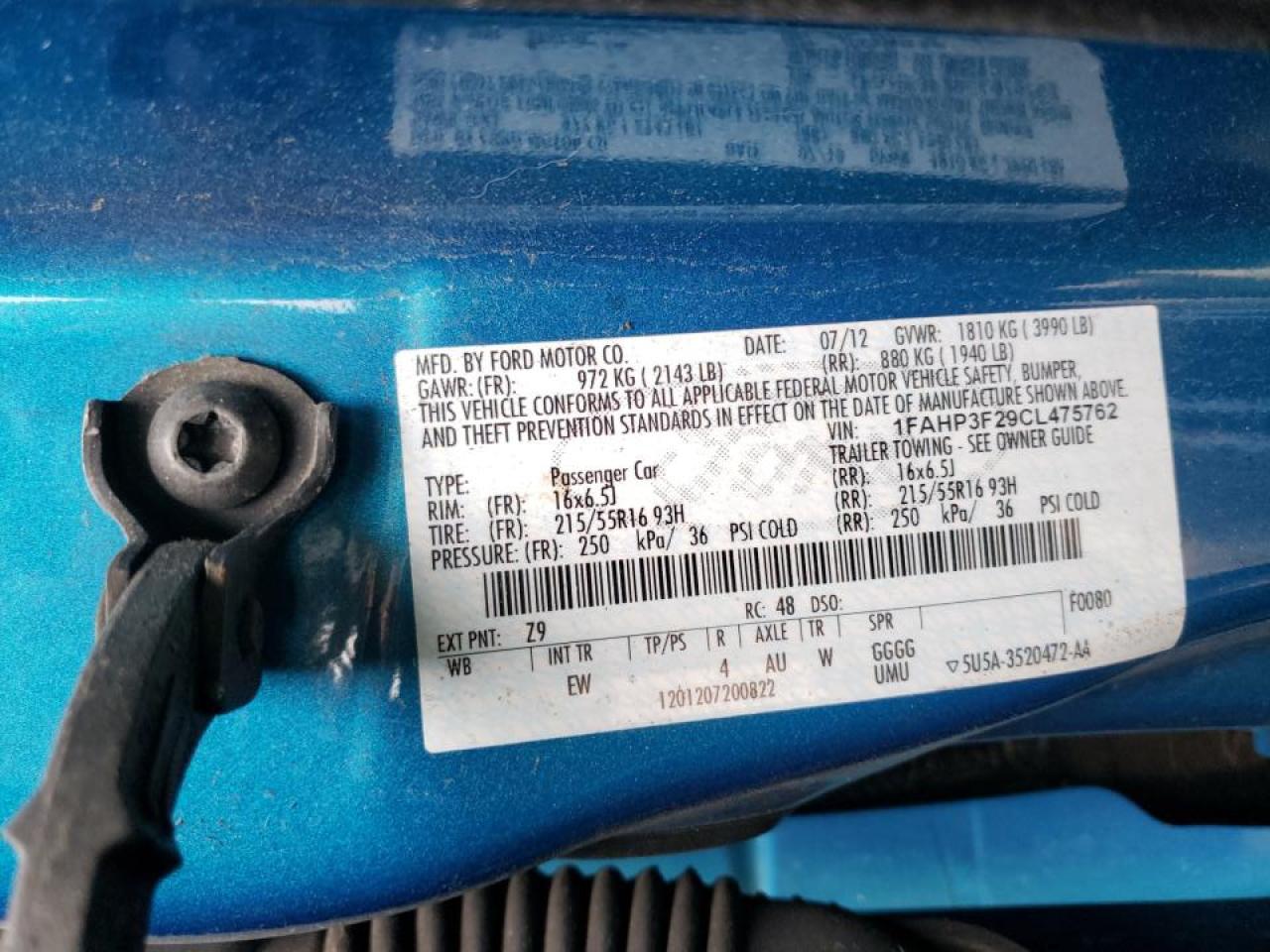 Photo 10 from auction – 2012 FORD FOCUS SE with VIN 1FAHP3F29CL475762