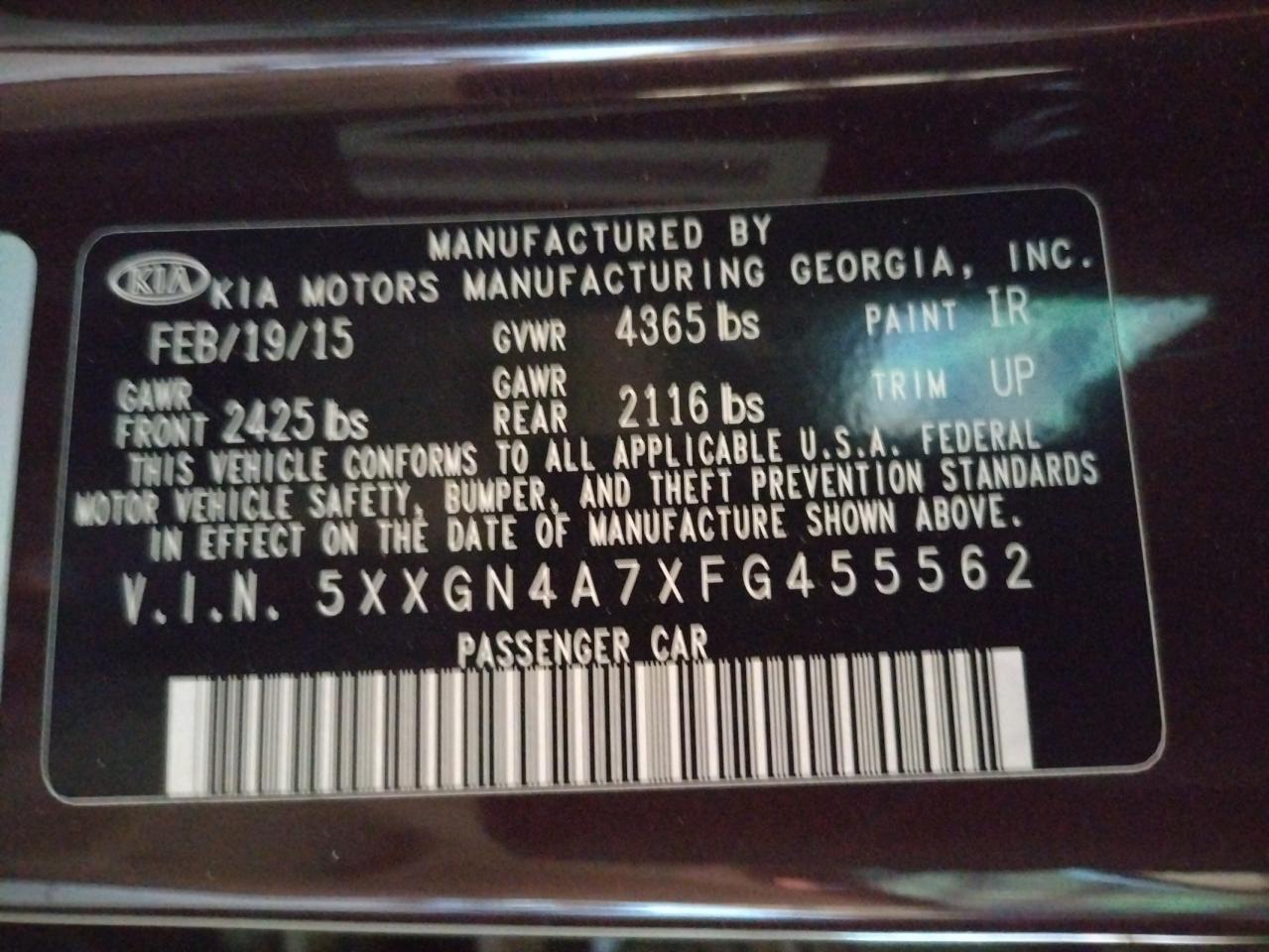 Photo 10 from auction – 2015 KIA OPTIMA EX with VIN 5XXGN4A7XFG455562