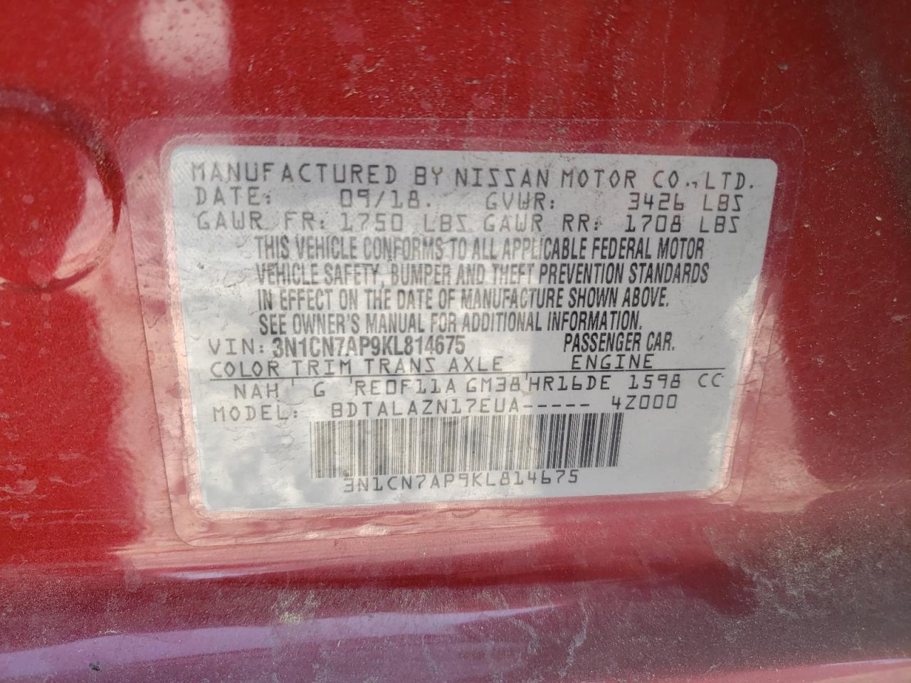 Photo 10 from auction – 2019 NISSAN VERSA with VIN 3N1CN7AP9KL814675