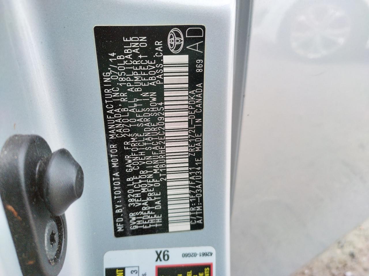 Photo 10 from auction – 2014 TOYOTA COROLLA L with VIN 2T1BURHE2EC209254