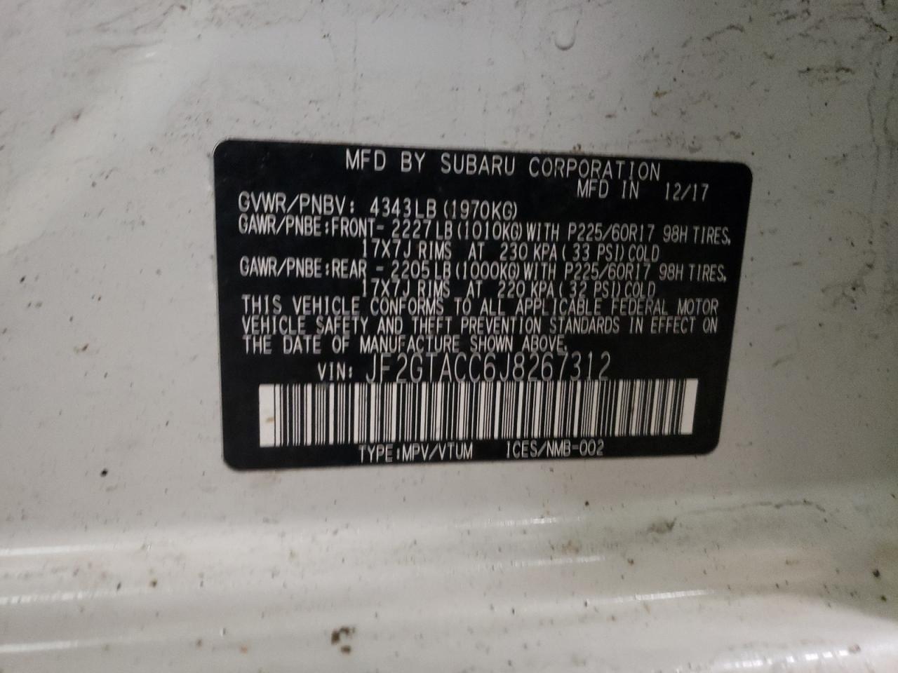 Photo 10 from auction – 2018 SUBARU CROSSTREK with VIN JF2GTACC6J8267312