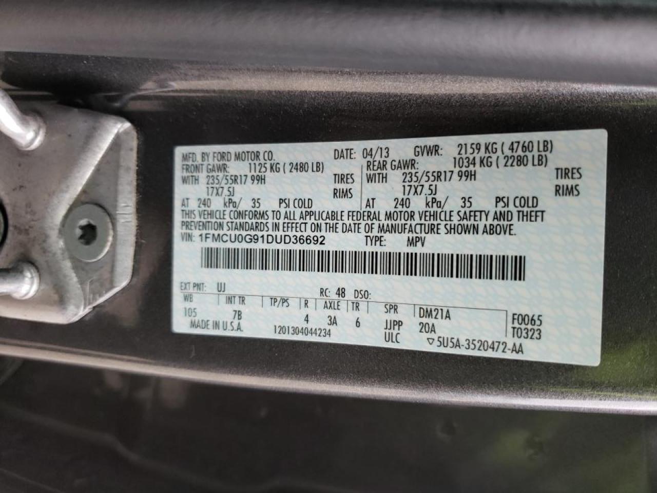 Photo 10 from auction – 2013 FORD ESCAPE SE with VIN 1FMCU0G91DUD36692