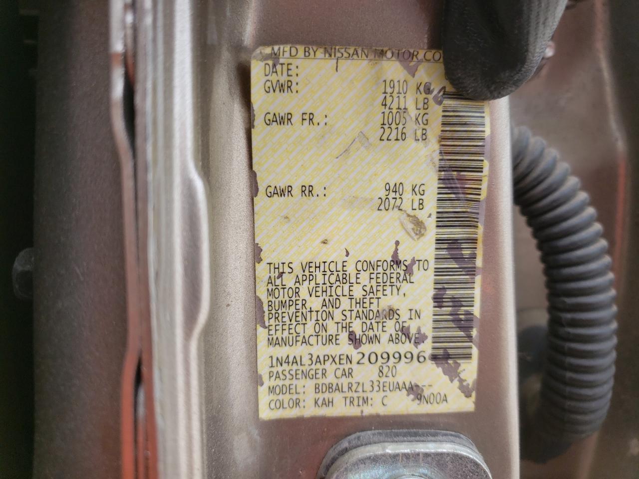 Photo 10 from auction – 2014 NISSAN ALTIMA 2.5 with VIN 1N4AL3APXEN209996
