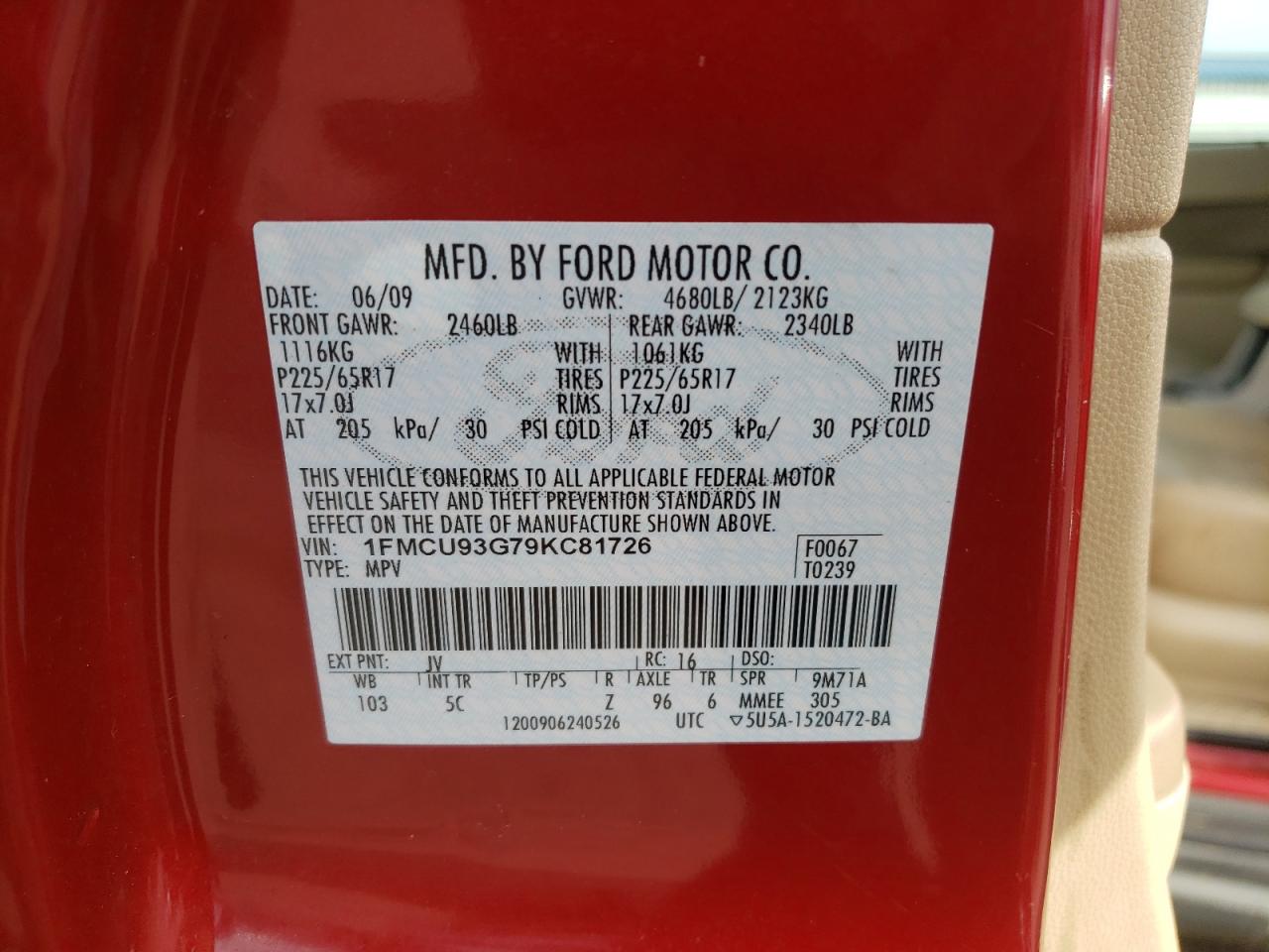 Photo 10 from auction – 2009 FORD ESCAPE XLT with VIN 1FMCU93G79KC81726