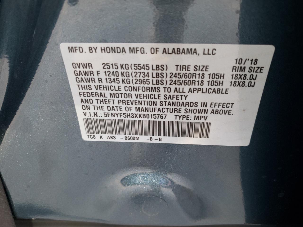 Photo 10 from auction – 2019 HONDA PILOT EX with VIN 5FNYF5H3XKB015767