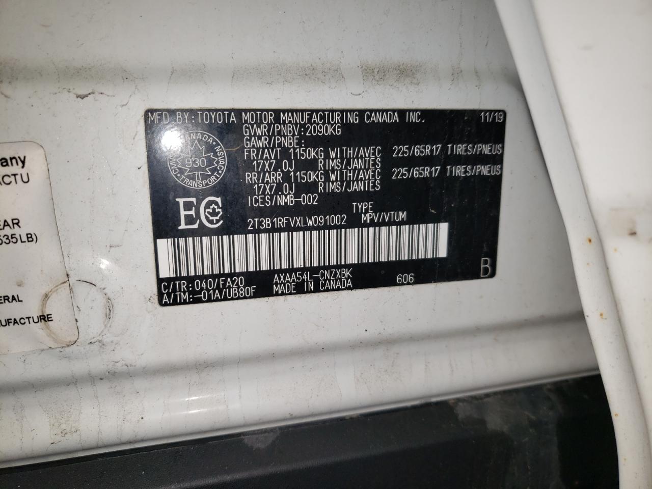 Photo 10 from auction – 2020 TOYOTA RAV4 LE with VIN 2T3B1RFVXLW091002