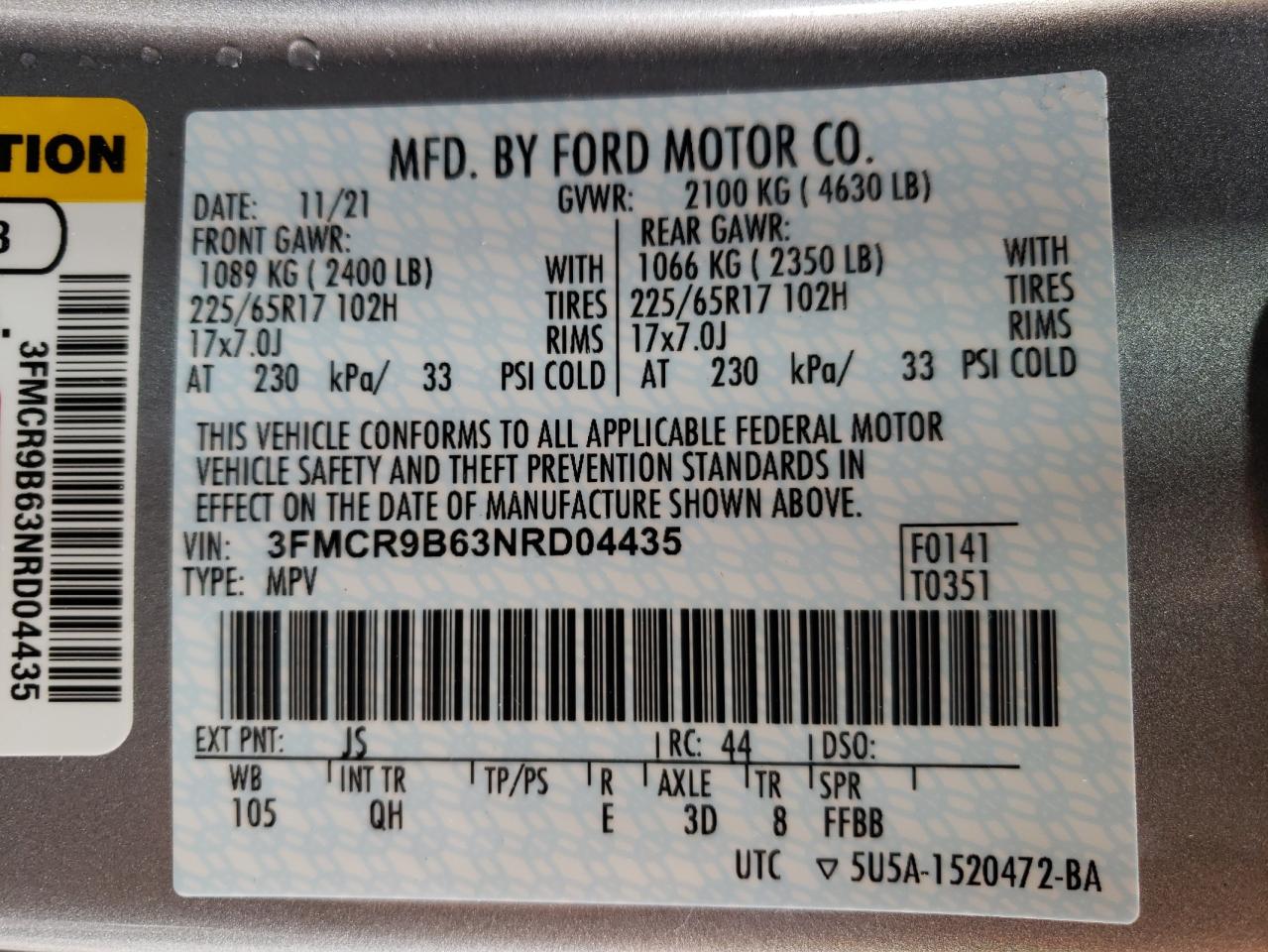 Photo 10 from auction – 2022 FORD BRONCO with VIN 3FMCR9B63NRD04435