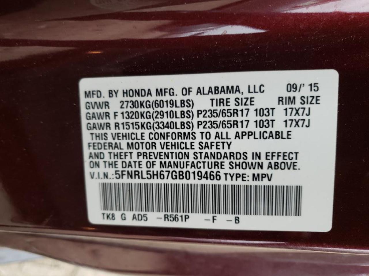 Photo 10 from auction – 2016 HONDA ODYSSEY EX with VIN 5FNRL5H67GB019466