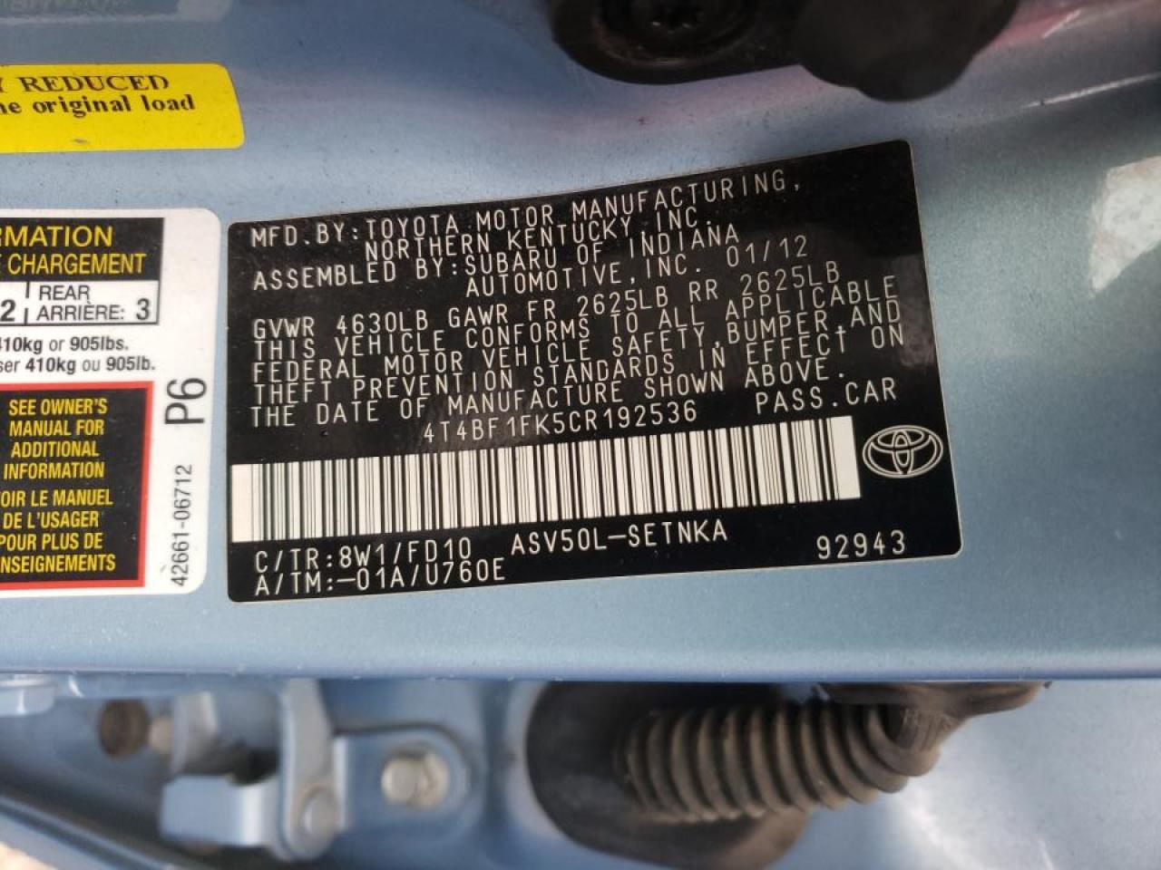 Photo 10 from auction – 2012 TOYOTA CAMRY BASE with VIN 4T4BF1FK5CR192536