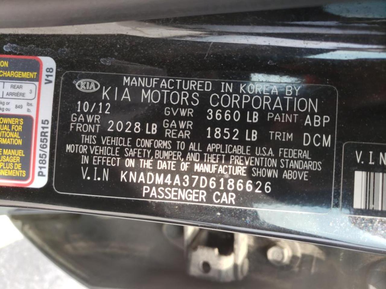 Photo 10 from auction – 2013 KIA RIO LX with VIN KNADM4A37D6186626
