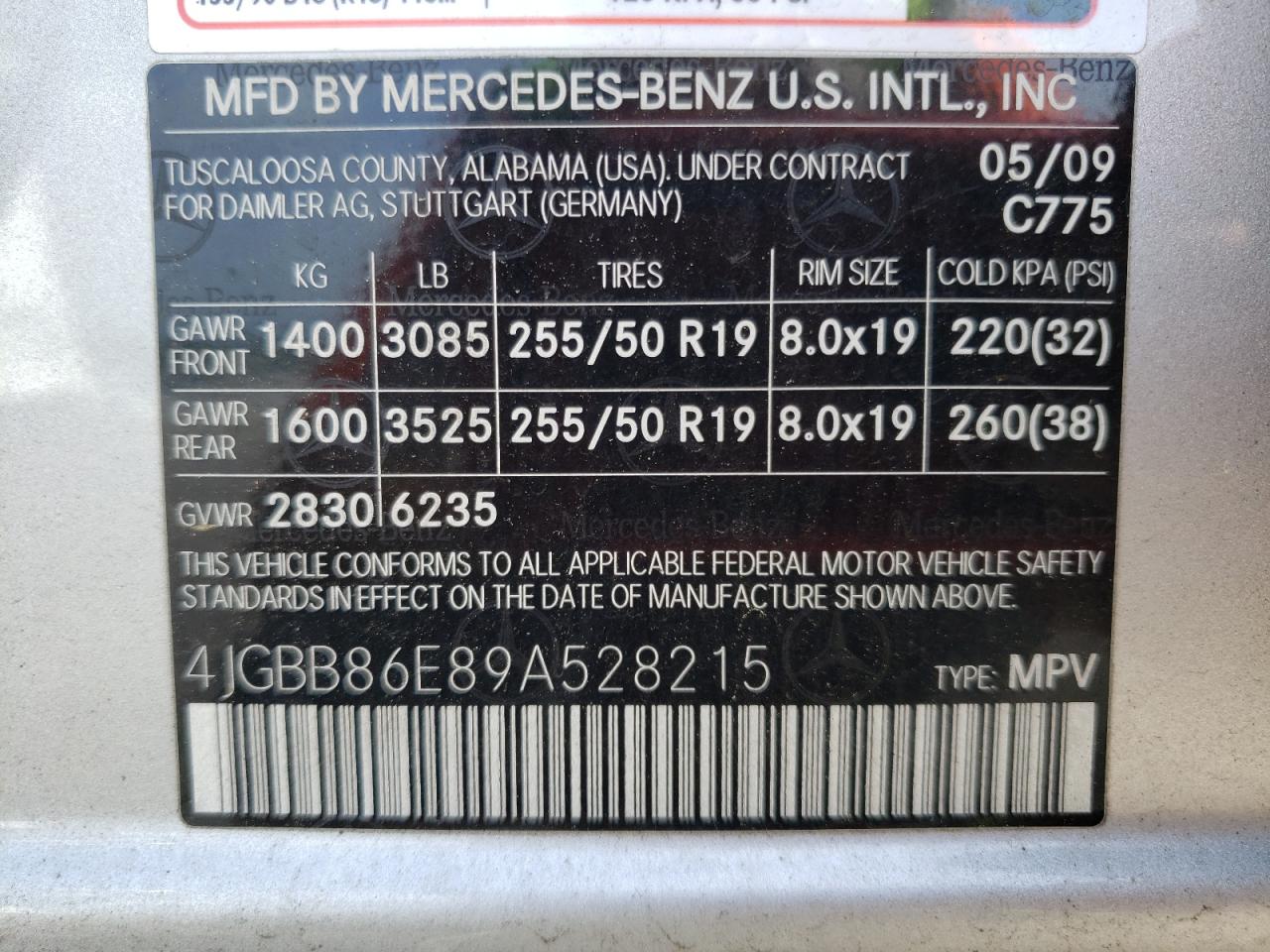Photo 10 from auction – 2009 MERCEDES-BENZ ML 350 with VIN 4JGBB86E89A528215