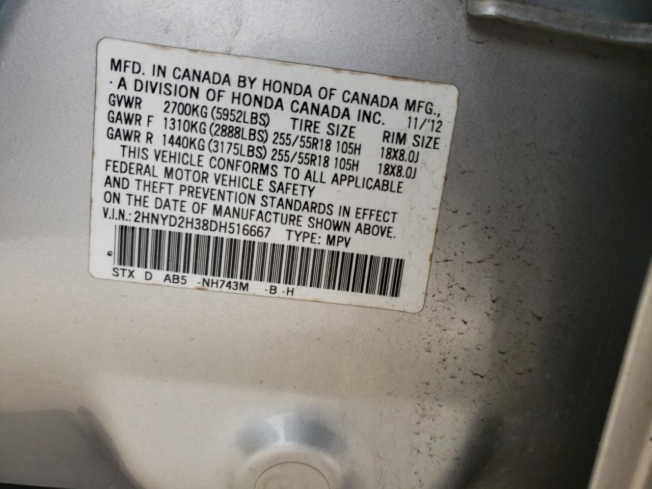 Photo 10 from auction – 2013 ACURA MDX TECHNO with VIN 2HNYD2H38DH516667