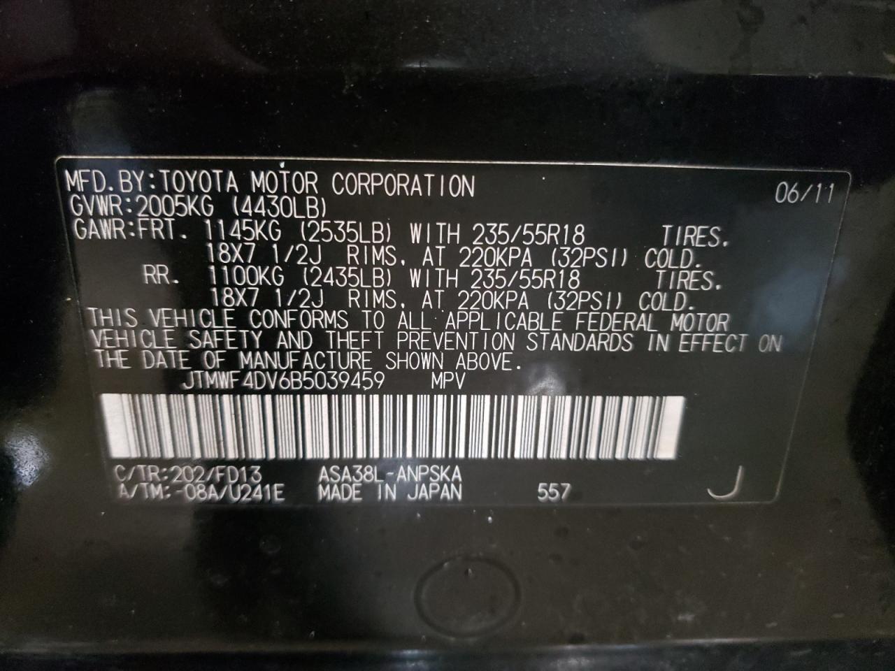 Photo 10 from auction – 2011 TOYOTA RAV4 SPORT with VIN JTMWF4DV6B5039459