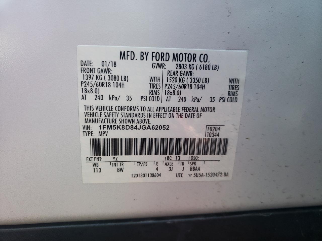 Photo 10 from auction – 2018 FORD EXPLORER X with VIN 1FM5K8D84JGA62052