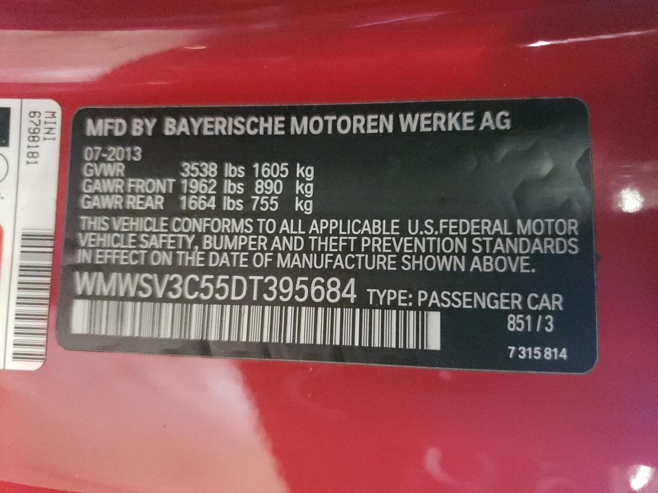 Photo 10 from auction – 2013 MINI COOPER S with VIN WMWSV3C55DT395684