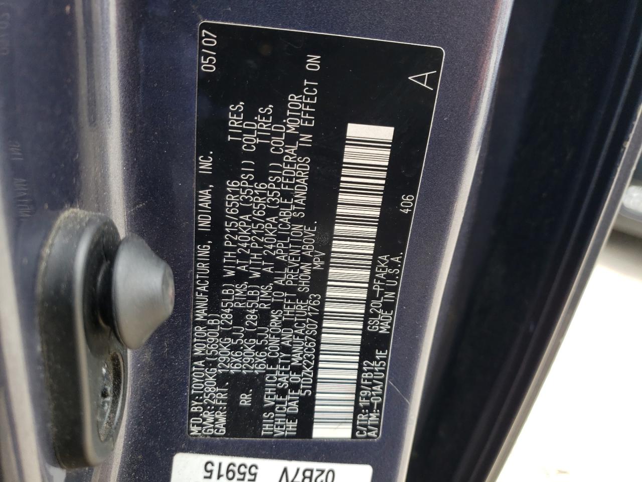 Photo 10 from auction – 2007 TOYOTA SIENNA CE with VIN 5TDZK23C67S071763