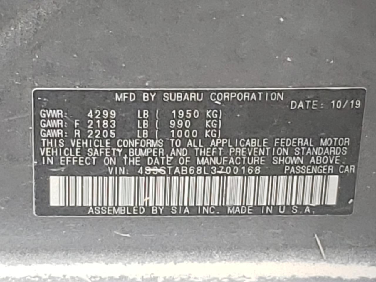 Photo 10 from auction – 2020 SUBARU IMPREZA with VIN 4S3GTAB68L3700168
