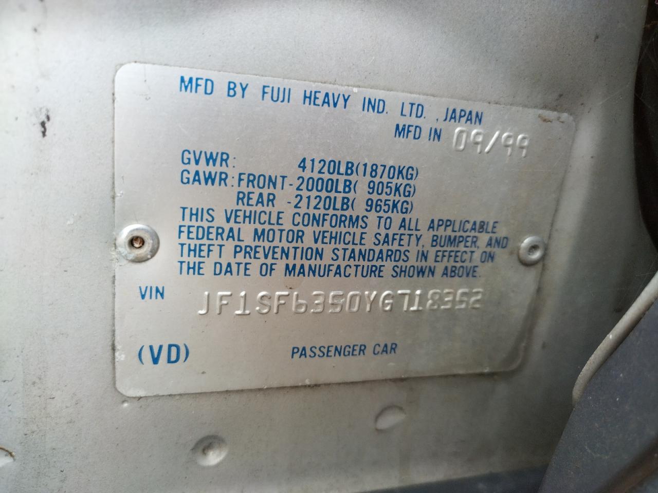 Photo 10 from auction – 2000 SUBARU FORESTER L with VIN JF1SF6350YG718352