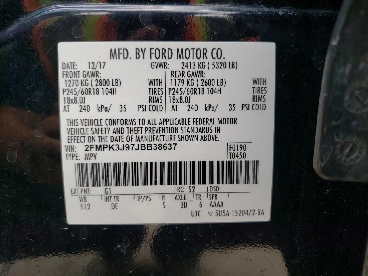 Photo 10 from auction – 2018 FORD EDGE SEL with VIN 2FMPK3J97JBB38637