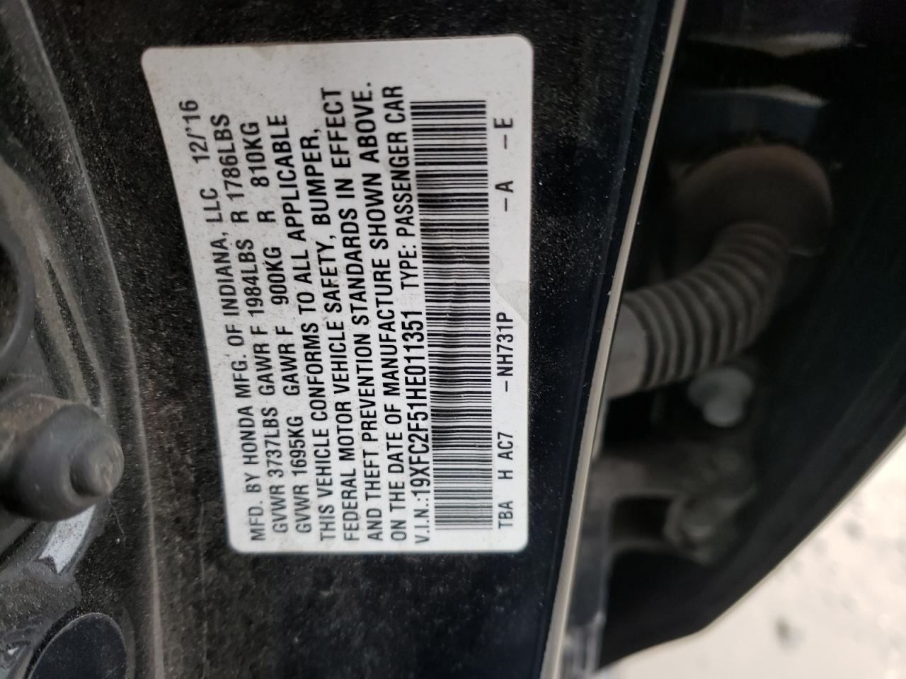 Photo 10 from auction – 2017 HONDA CIVIC LX with VIN 19XFC2F51HE011351