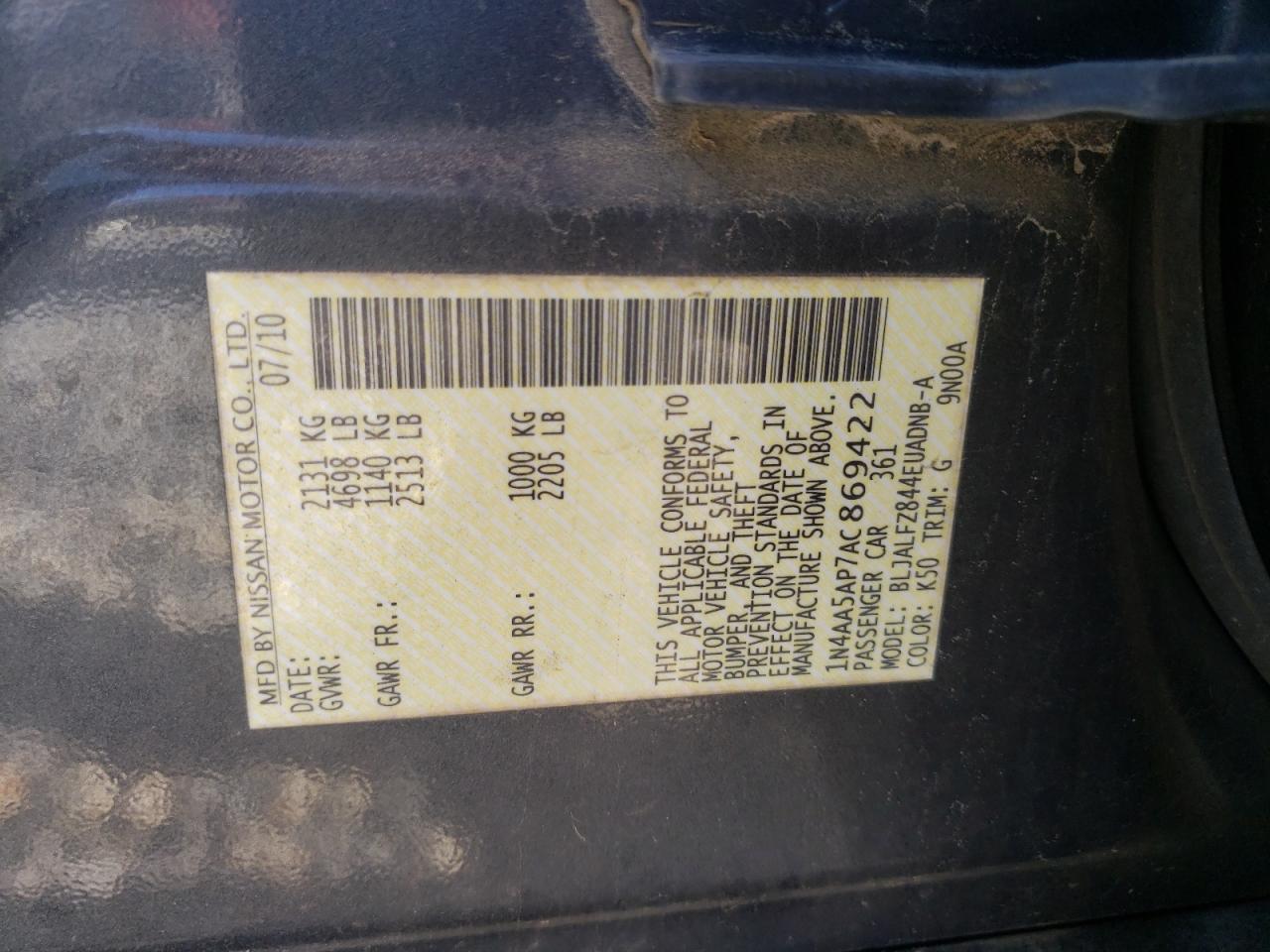 Zdjęcie 10 z aukcji – 2010 NISSAN MAXIMA S z VIN 1N4AA5AP7AC869422