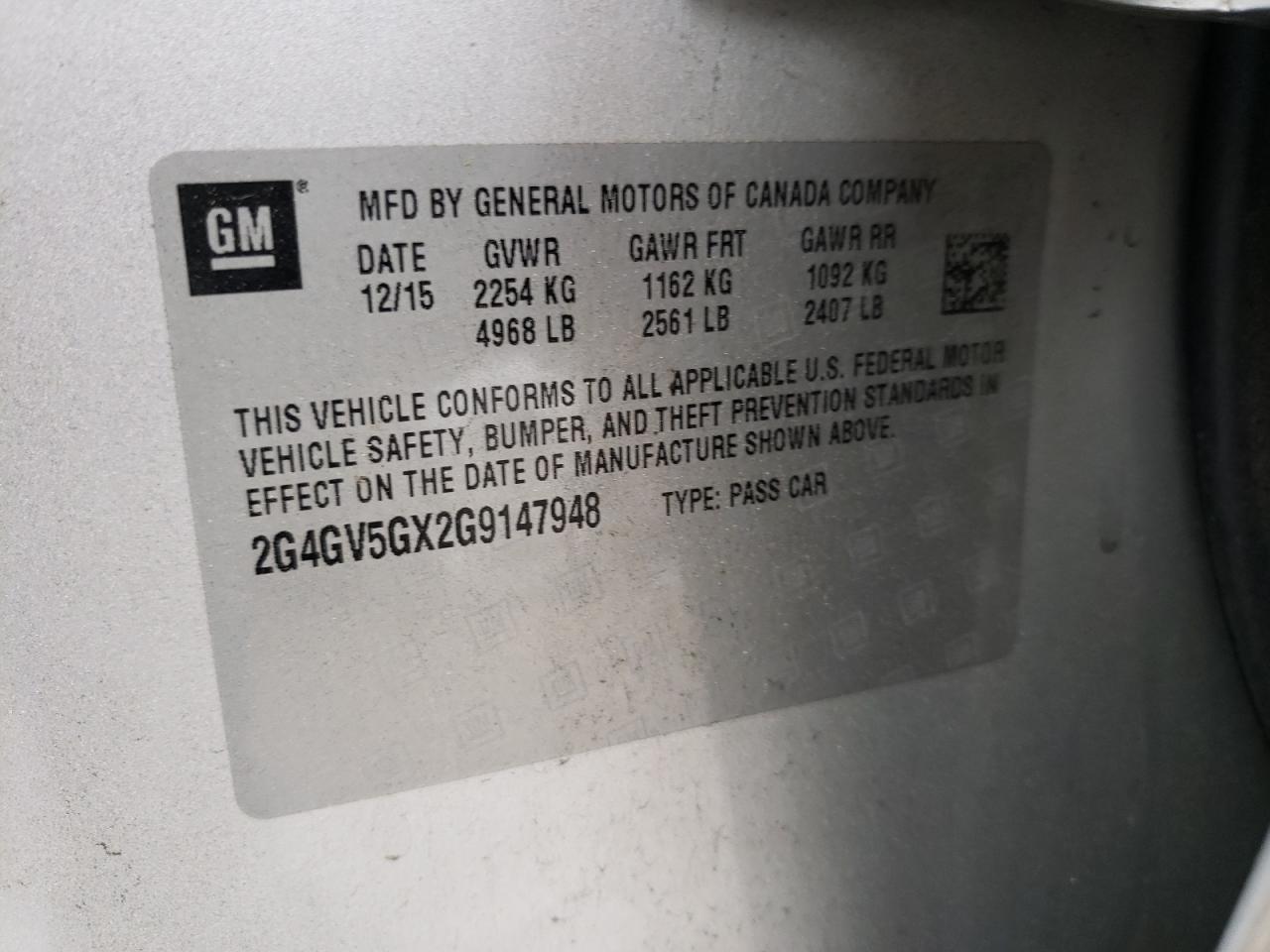 Photo 10 from auction – 2016 BUICK REGAL GS with VIN 2G4GV5GX2G9147948
