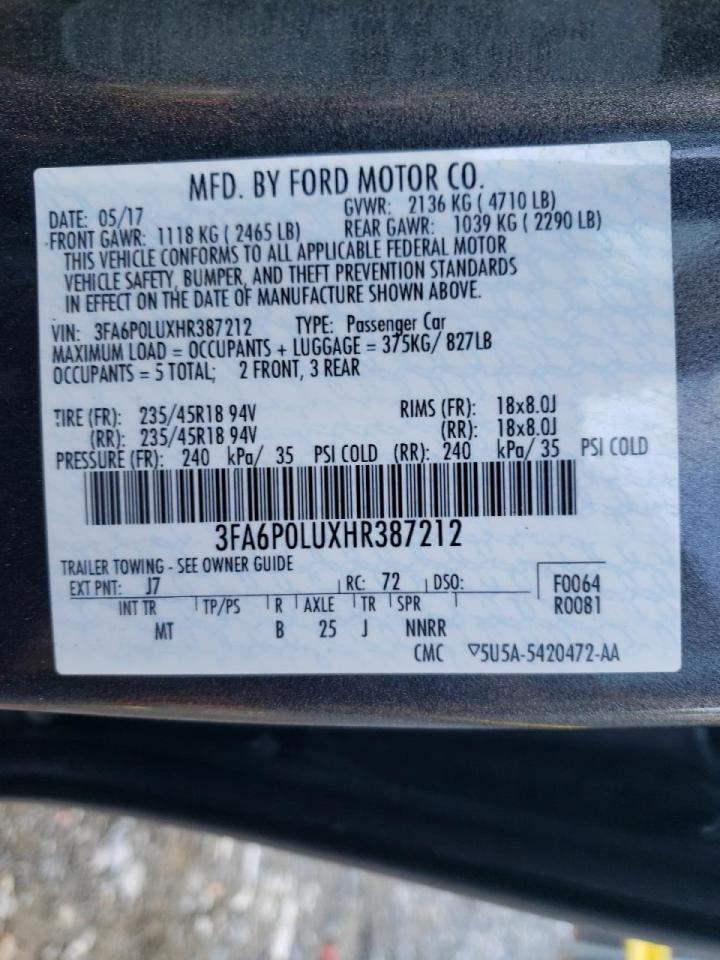 Photo 10 from auction – 2017 FORD FUSION SE with VIN 3FA6P0LUXHR387212