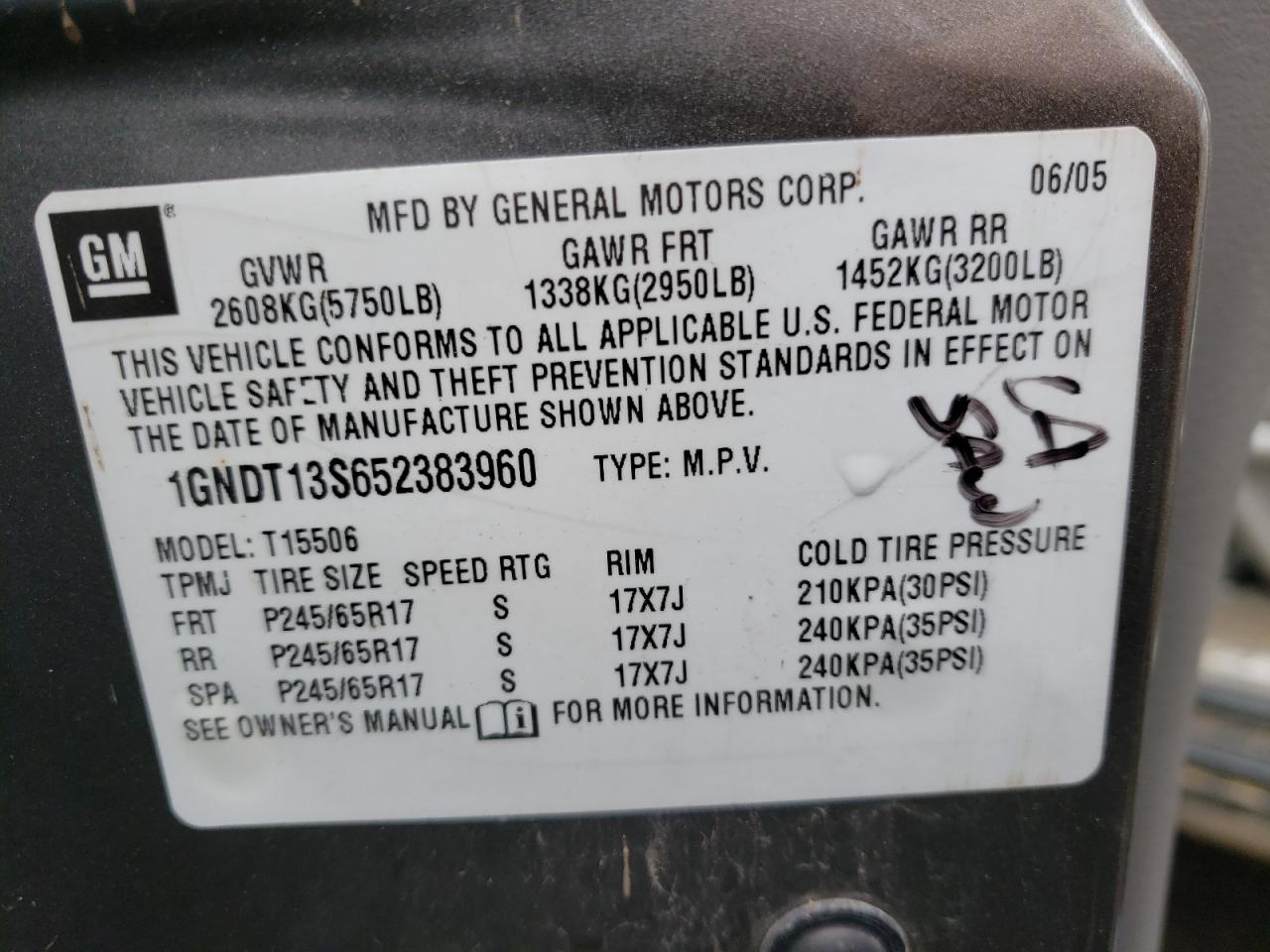 Photo 10 from auction – 2005 CHEVROLET TRAILBLAZE with VIN 1GNDT13S652383960