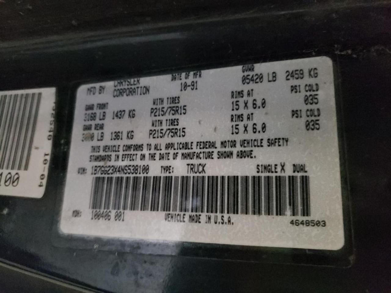 Photo 10 from auction – 1992 DODGE DAKOTA with VIN 1B7GG23X4NS538100