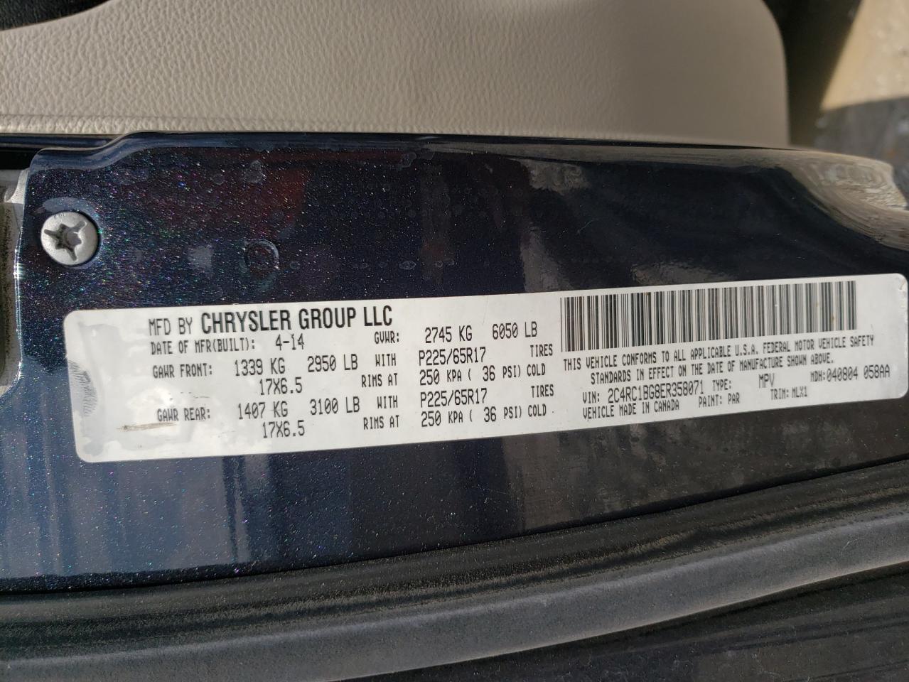 Photo 10 from auction – 2014 CHRYSLER TOWN & COU with VIN 2C4RC1BG8ER358071