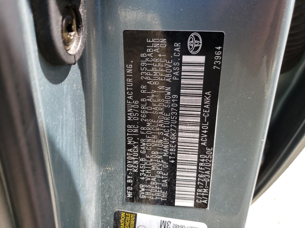 Photo 10 from auction – 2007 TOYOTA CAMRY CE with VIN 4T1BE46K77U537019