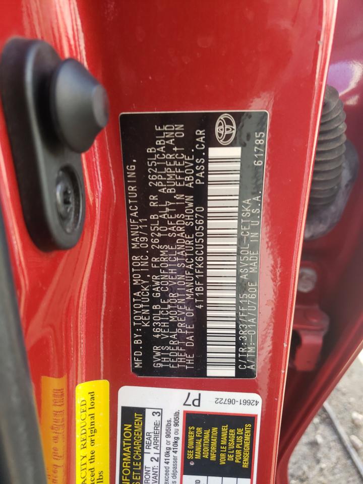 Photo 10 from auction – 2012 TOYOTA CAMRY BASE with VIN 4T1BF1FK6CU505670