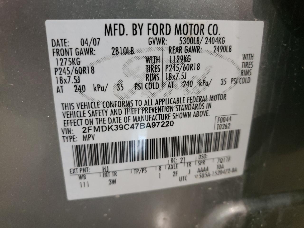 Photo 10 from auction – 2007 FORD EDGE SEL P with VIN 2FMDK39C47BA97220