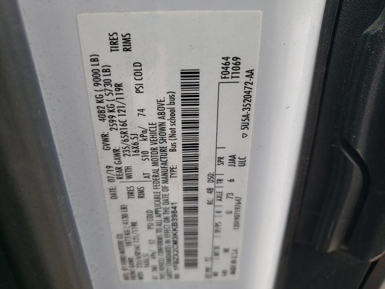 Photo 10 from auction – 2019 FORD TRANSIT T- with VIN 1FBZX2CM3KKB39841