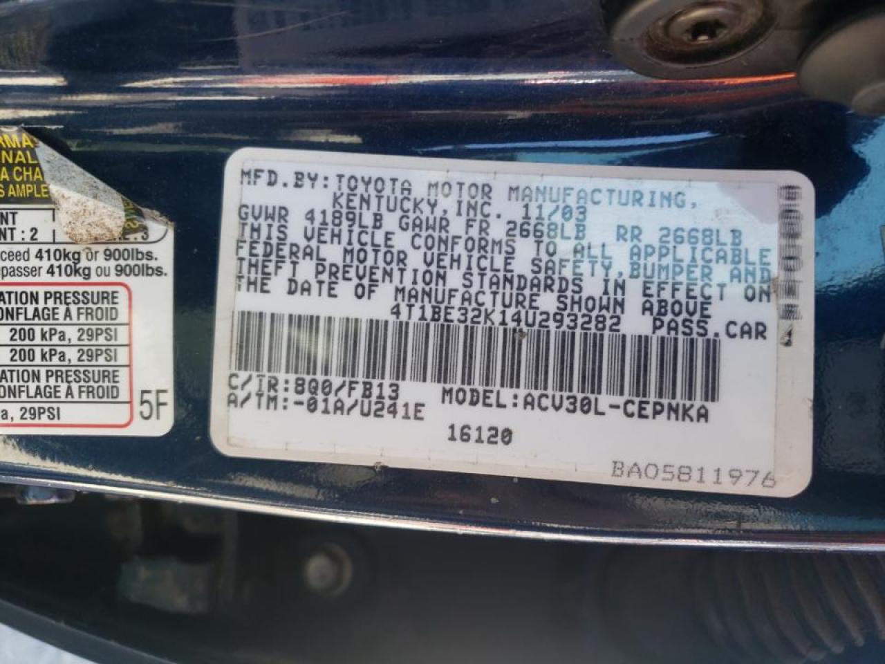 Photo 10 from auction – 2004 TOYOTA CAMRY LE with VIN 4T1BE32K14U293282