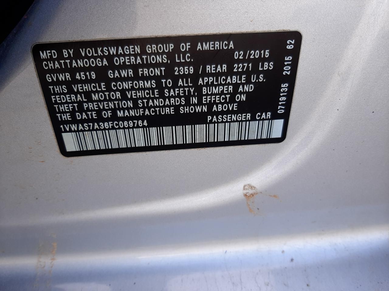 Photo 10 from auction – 2015 VOLKSWAGEN PASSAT S with VIN 1VWAS7A36FC069764