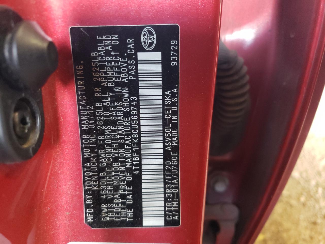 Photo 10 from auction – 2012 TOYOTA CAMRY BASE with VIN 4T1BF1FK8CU569743