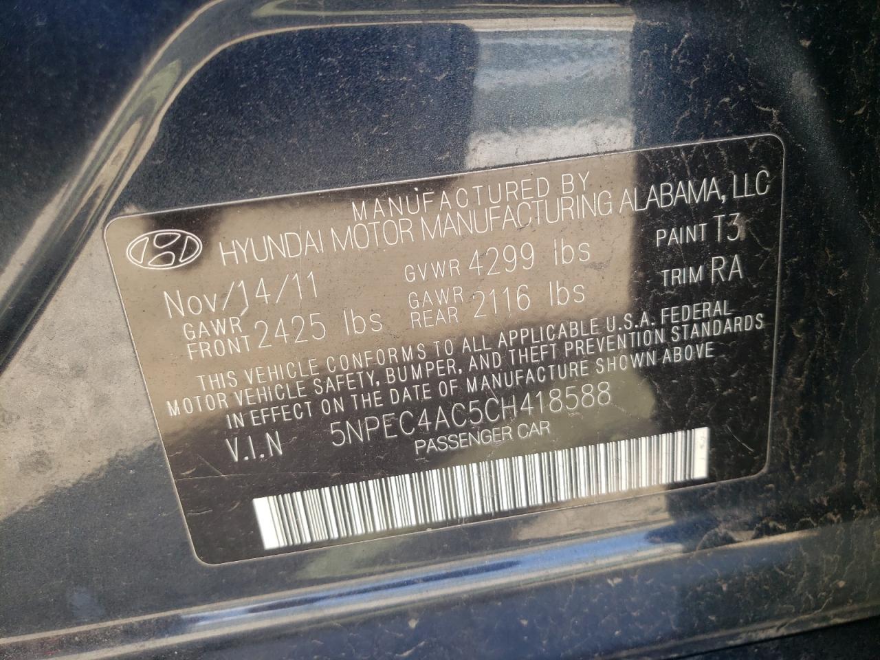 Photo 10 from auction – 2012 HYUNDAI SONATA SE with VIN 5NPEC4AC5CH418588