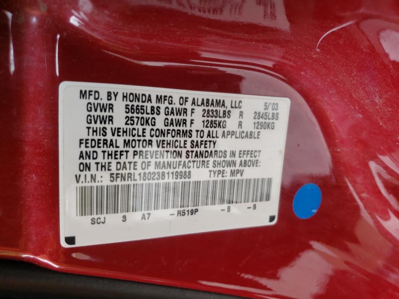 Photo 10 from auction – 2003 HONDA ODYSSEY EX with VIN 5FNRL18023B119988