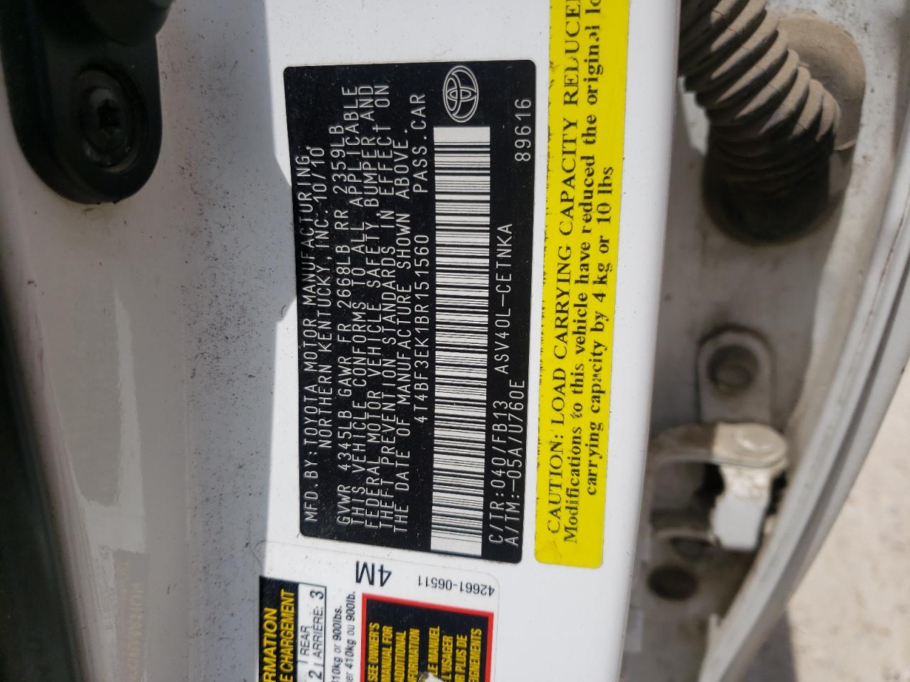 Photo 10 from auction – 2011 TOYOTA CAMRY BASE with VIN 4T4BF3EK1BR151560