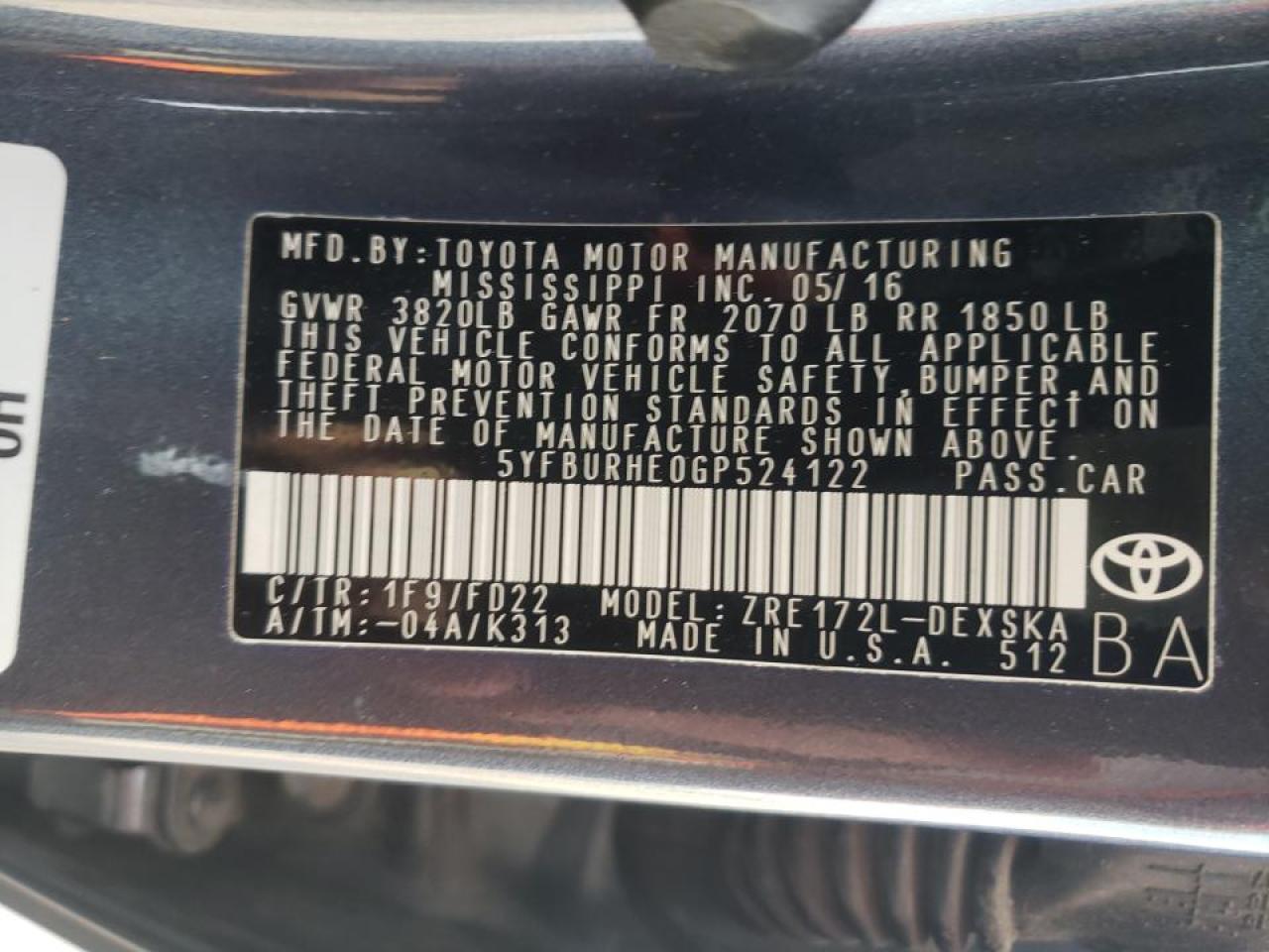 Photo 10 from auction – 2016 TOYOTA COROLLA L with VIN 5YFBURHE0GP524122