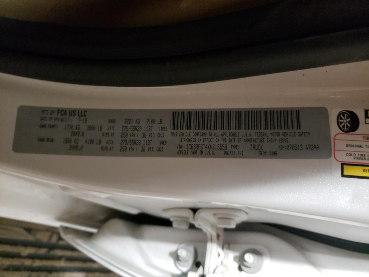 Photo 10 from auction – 2019 RAM 1500 LONGH with VIN 1C6SRFST4KN615558
