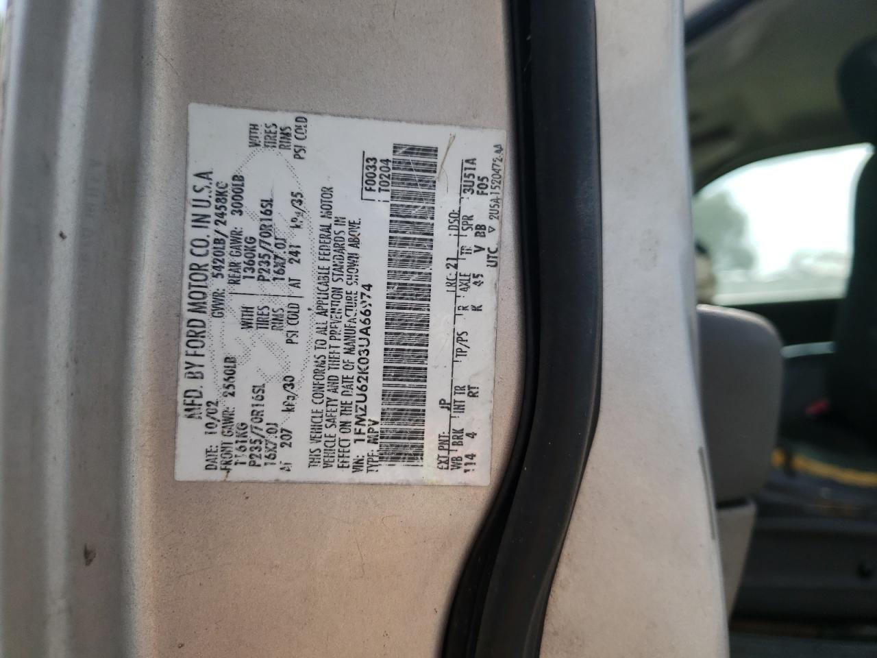 Photo 10 from auction – 2003 FORD EXPLORER X with VIN 1FMZU62K03UA66974