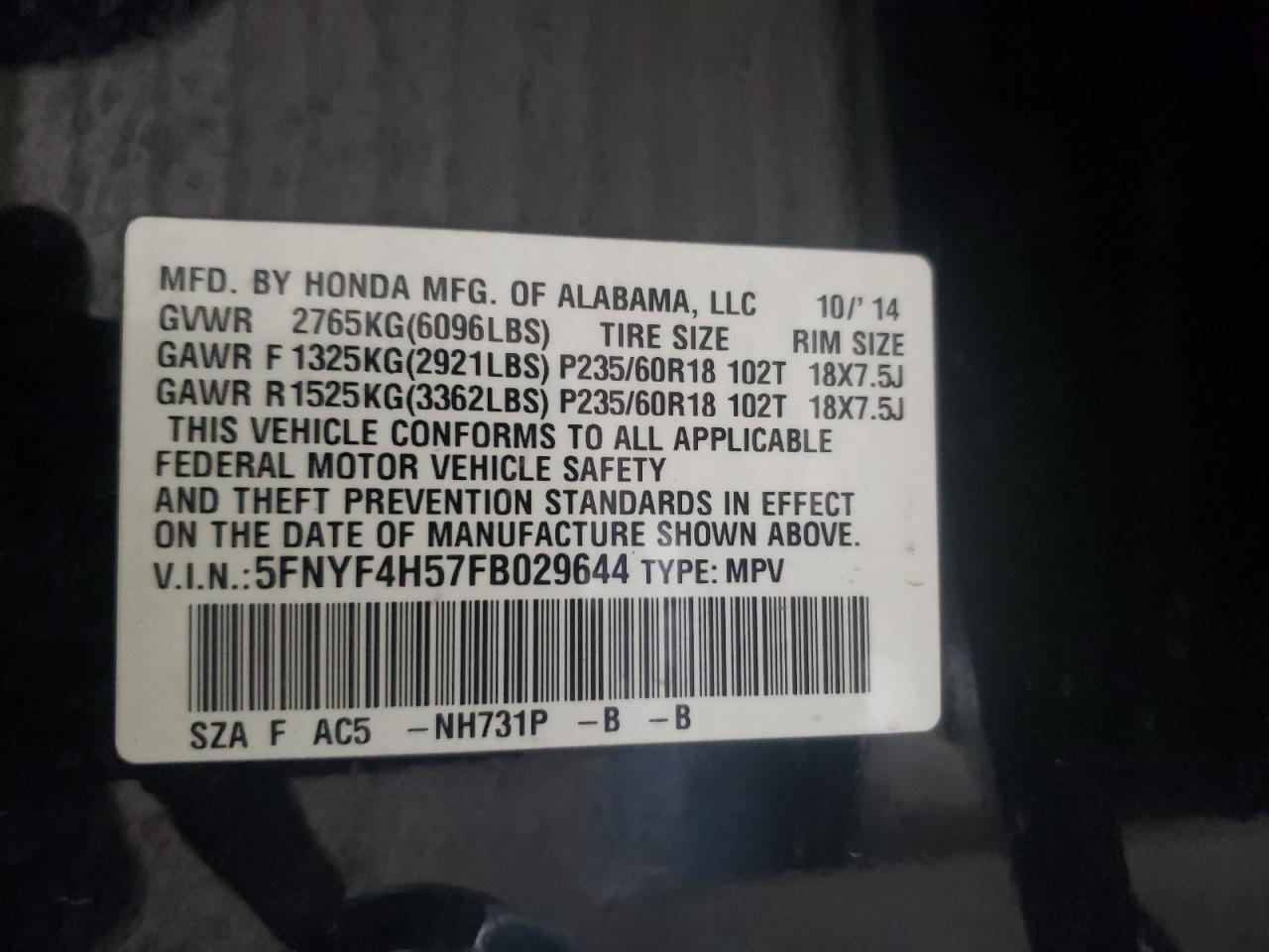 Photo 10 from auction – 2015 HONDA PILOT EXL with VIN 5FNYF4H57FB029644