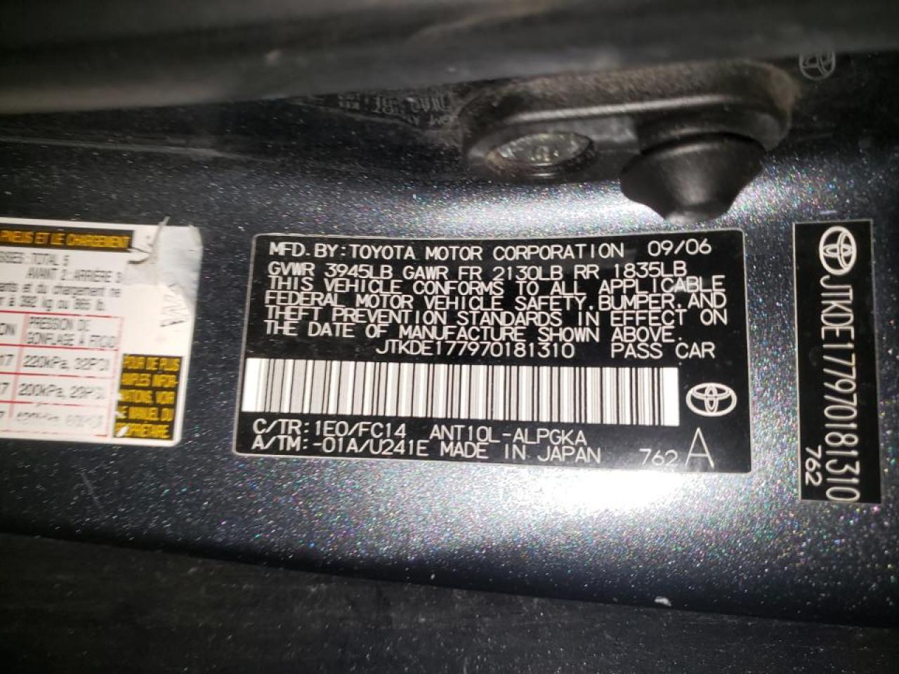 Photo 10 from auction – 2007 TOYOTA SCION TC with VIN JTKDE177970181310